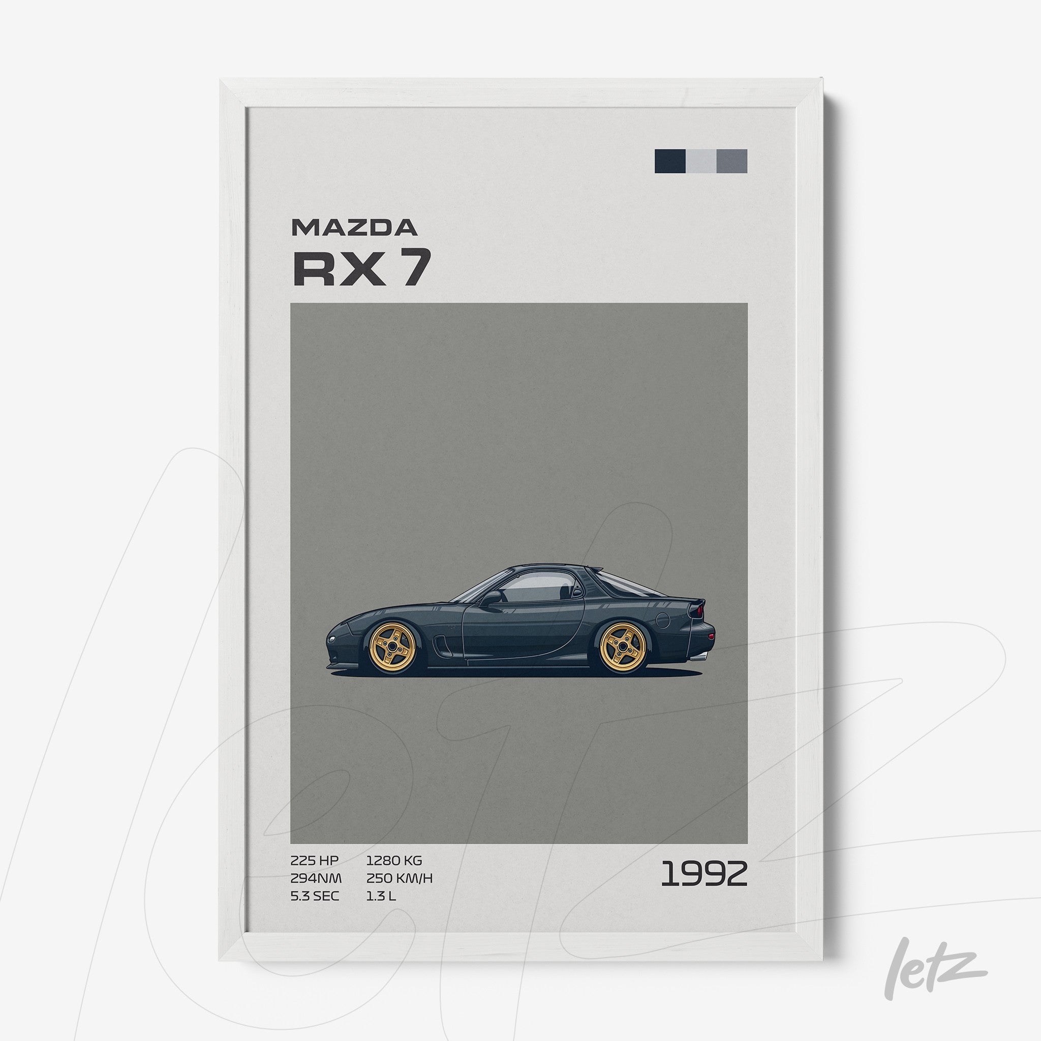 framed digital art of 1992 Mazda RX7 with white frame