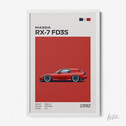 framed artwork of Mazda RX-7 FD3S in red background with white frame