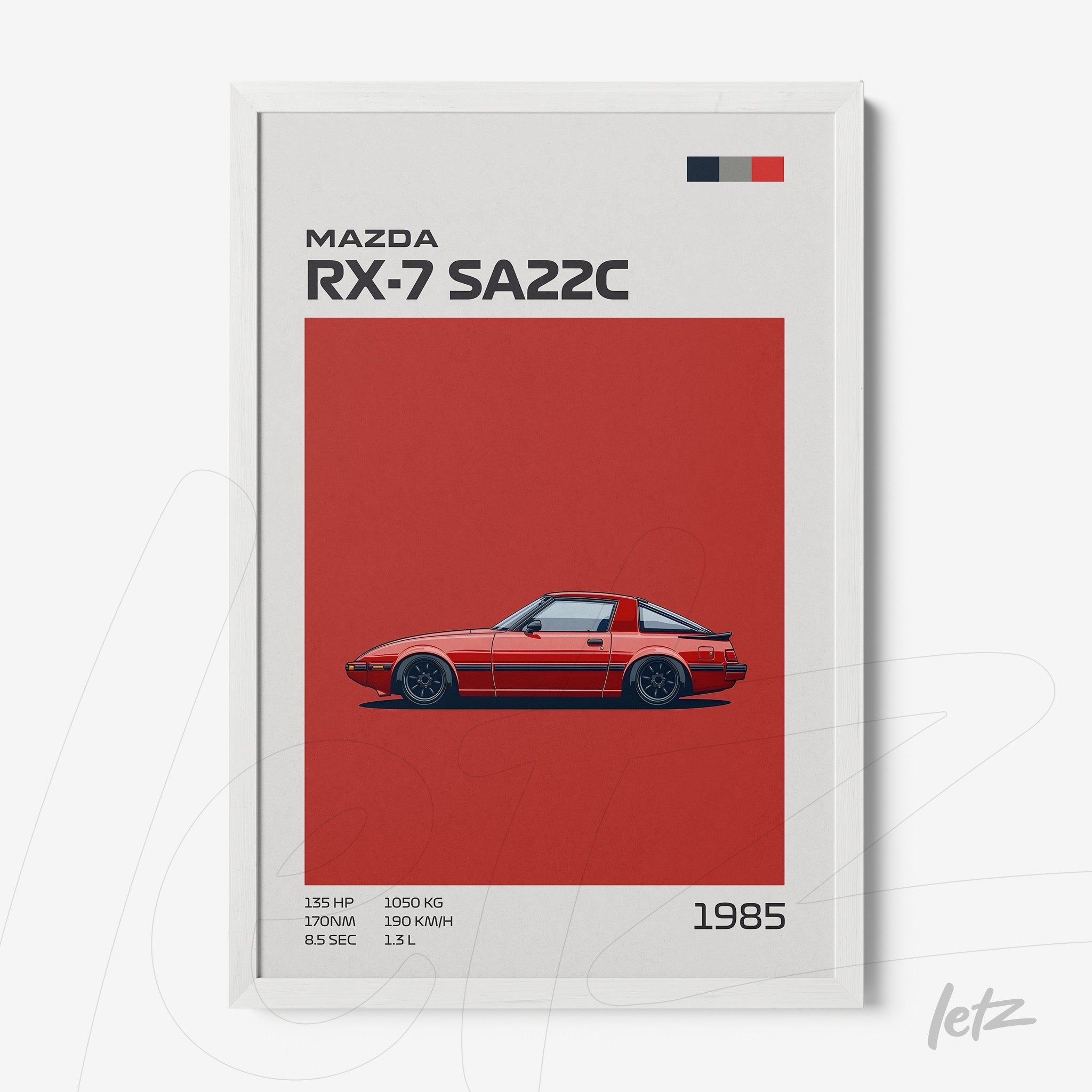 framed artwork featuring a minimalist design of the mazda rx-7 sa22c in a white frame