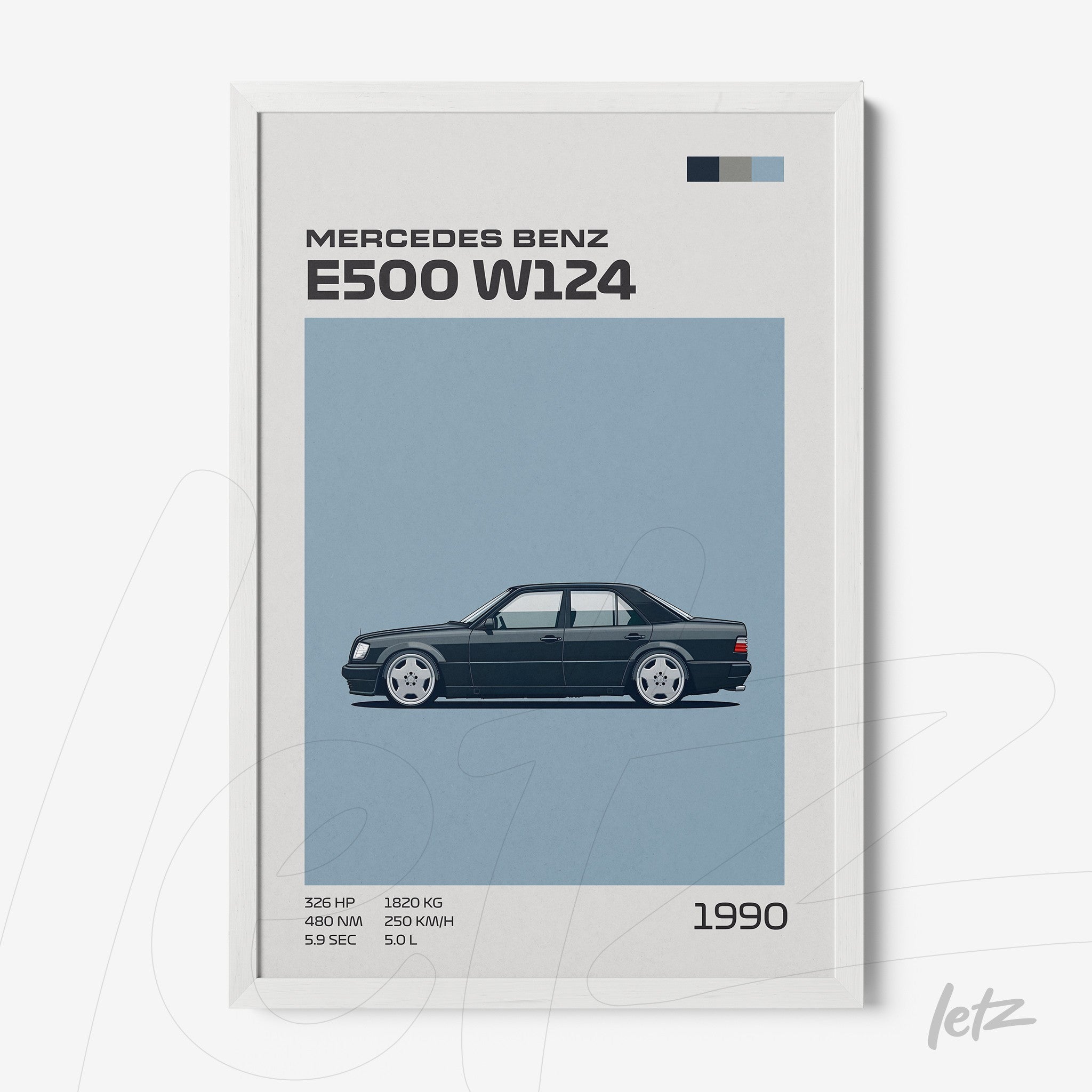 minimalist wall art featuring the Mercedes Benz E500 W124 car in a white frame