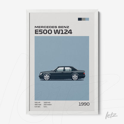 minimalist wall art featuring the Mercedes Benz E500 W124 car in a white frame
