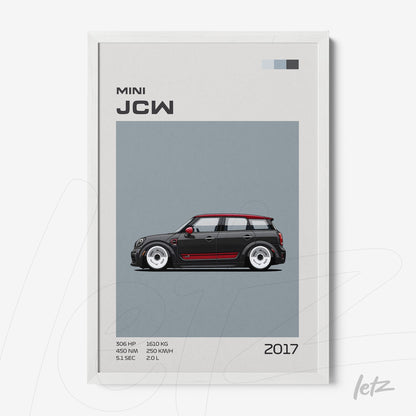 framed wall art featuring an illustration of a 2017 Mini JCW sports car in white frame