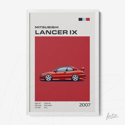 framed illustration of the 2007 Mitsubishi Lancer IX with a red background and white frame