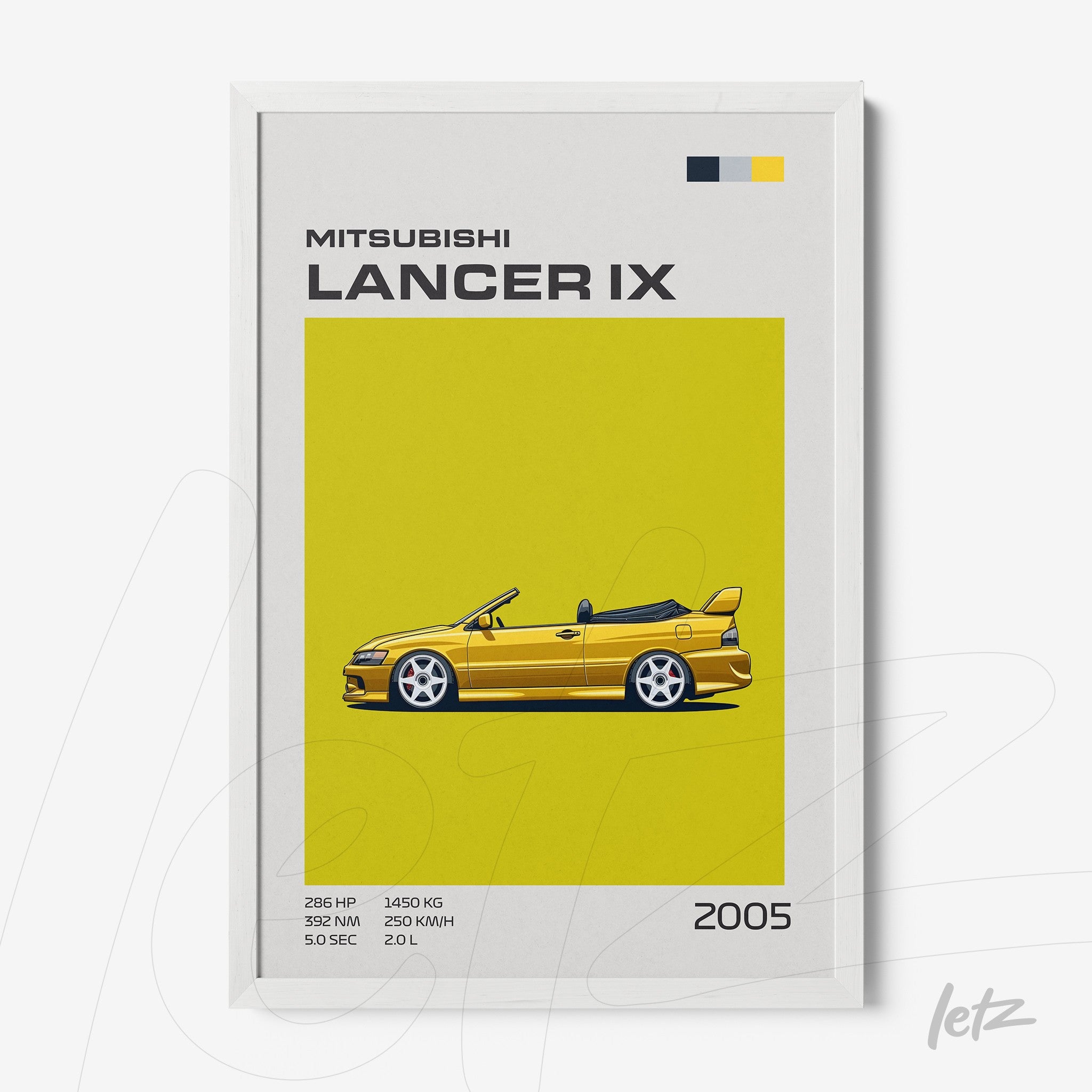 framed digital art of Mitsubishi Lancer IX on vibrant yellow background with white frame