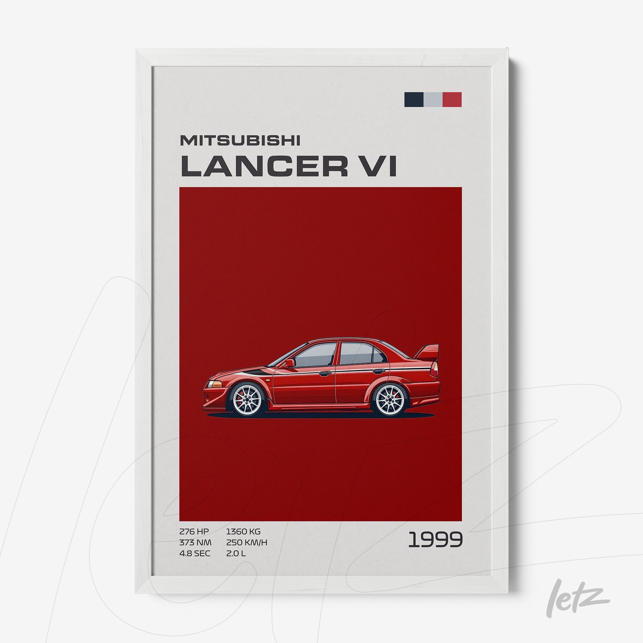 framed art featuring an illustration of Mitsubishi Lancer VI on red background with white frame