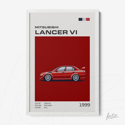 framed art featuring an illustration of Mitsubishi Lancer VI on red background with white frame