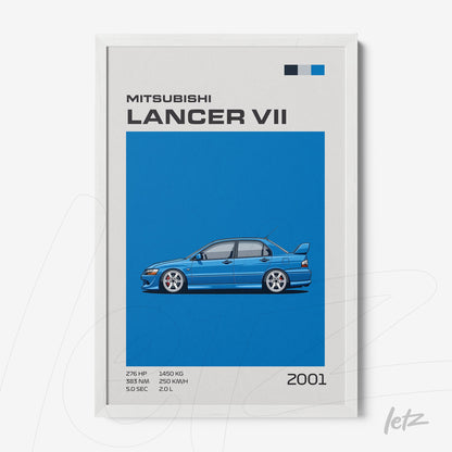 framed artwork of Mitsubishi Lancer VII in white frame against a vibrant blue background featuring illustrations and technical details beside
