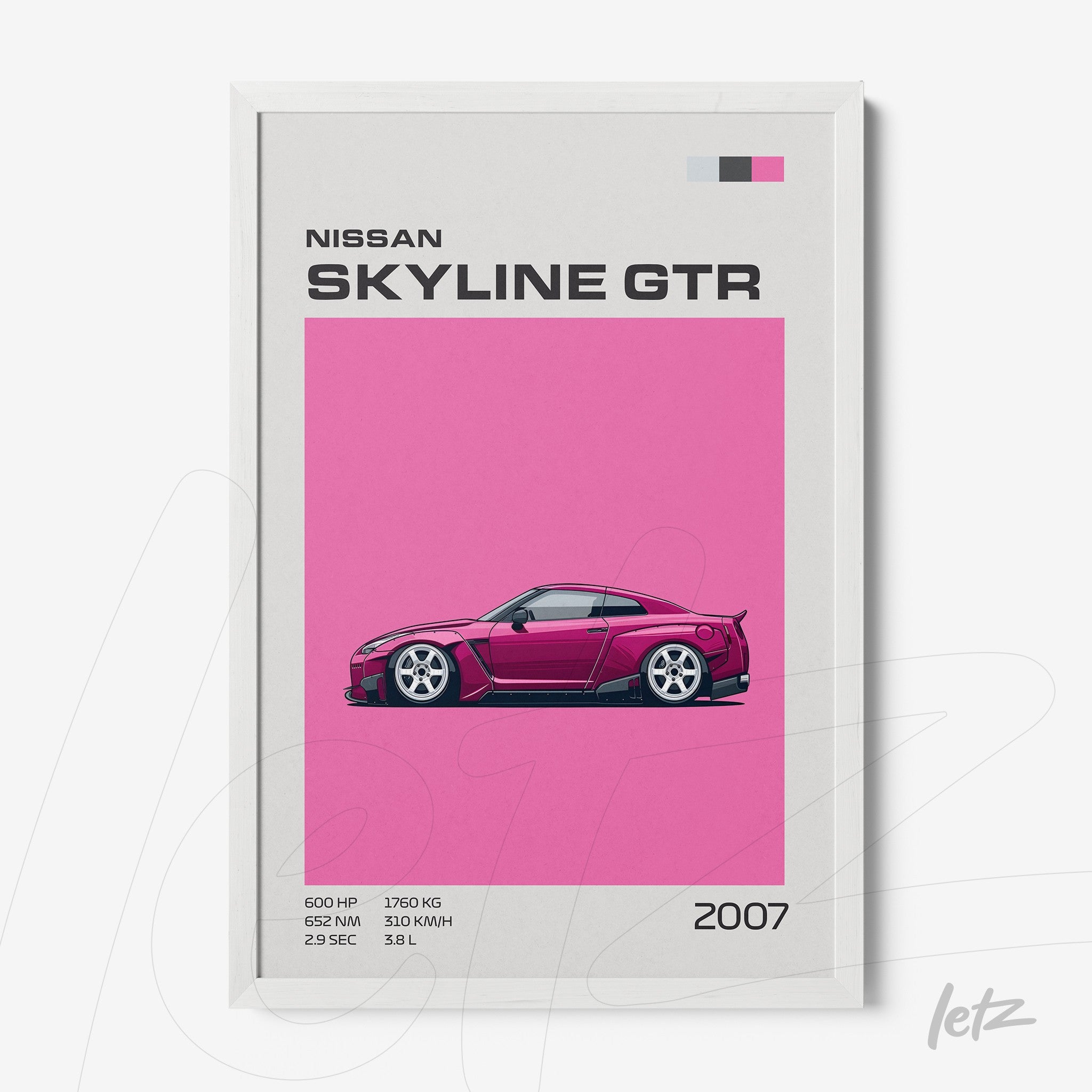 framed artwork featuring stylized illustration of Nissan Skyline GTR on pink background with white frame