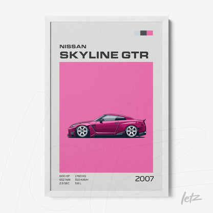 framed artwork featuring stylized illustration of Nissan Skyline GTR on pink background with white frame