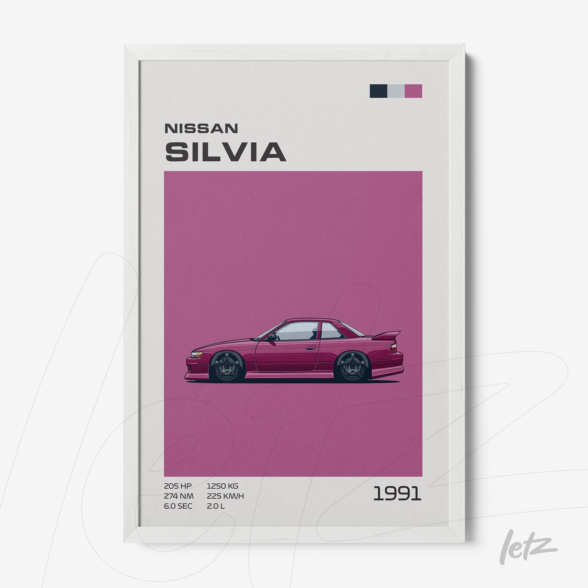 framed digital artwork of a 1991 Nissan Silvia with a white frame