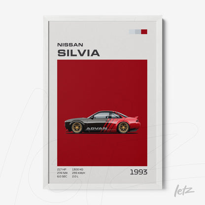 framed retro art of a 1993 Nissan Silvia on a red background with graphic details and a white frame
