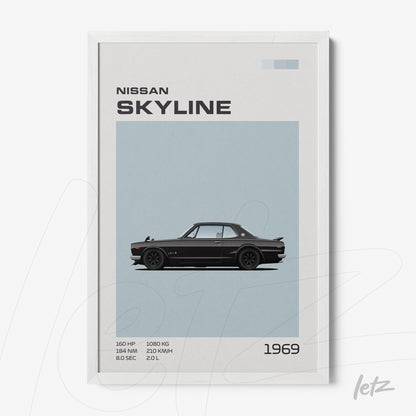 framed wall art featuring a minimalist illustration of the 1969 Nissan Skyline on light blue background