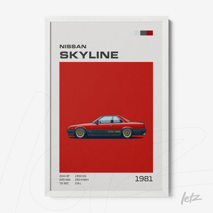 framed graphic art of a 1981 Nissan Skyline on a red background with white frame