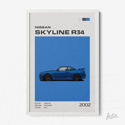 framed minimalist art of Nissan Skyline R34 on blue background with white frame