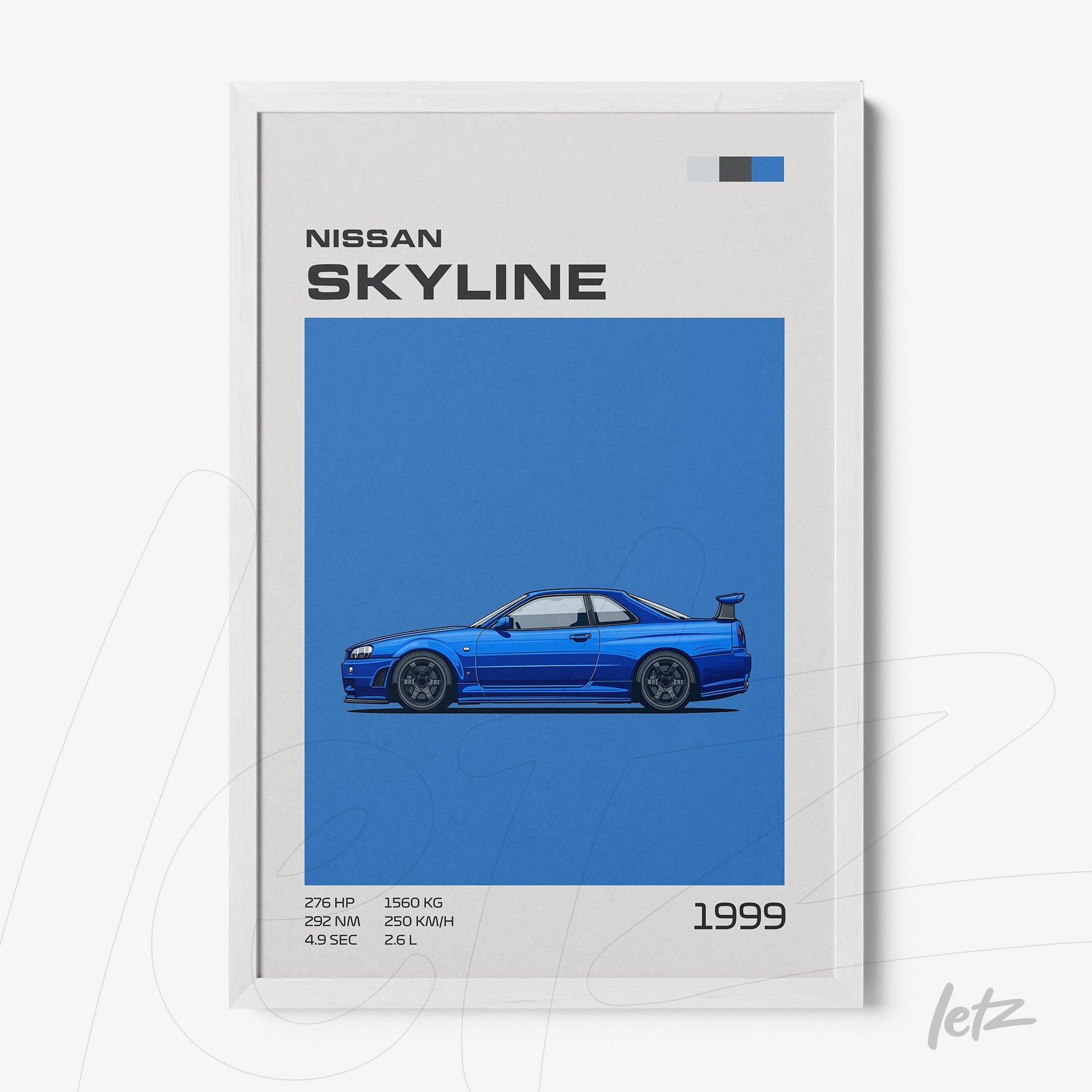 framed digital art of a 1999 Nissan Skyline on vibrant blue background with white frame