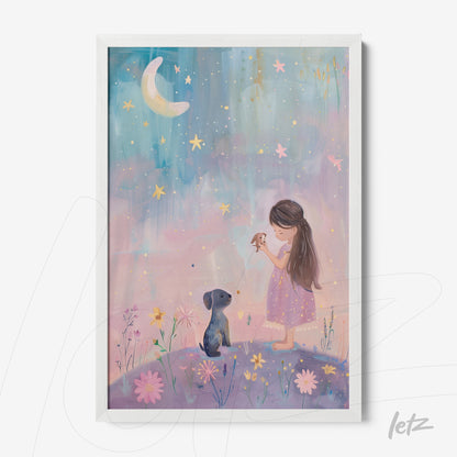 framed artwork featuring a gentle illustration of a girl holding a bird next to a dog under a starry sky with a crescent moon