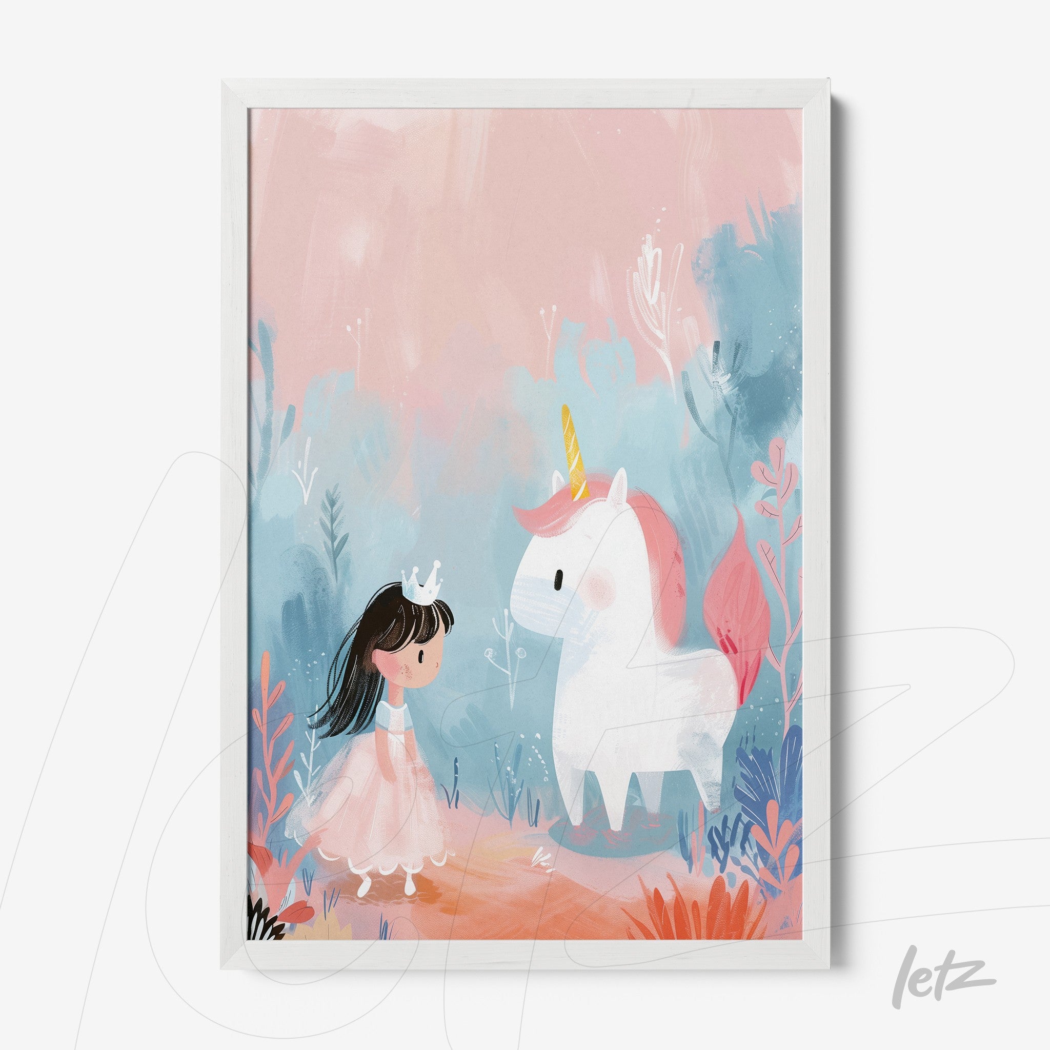 children's wall art featuring a girl in a pink dress and crown interacting with a white unicorn on a pastel background