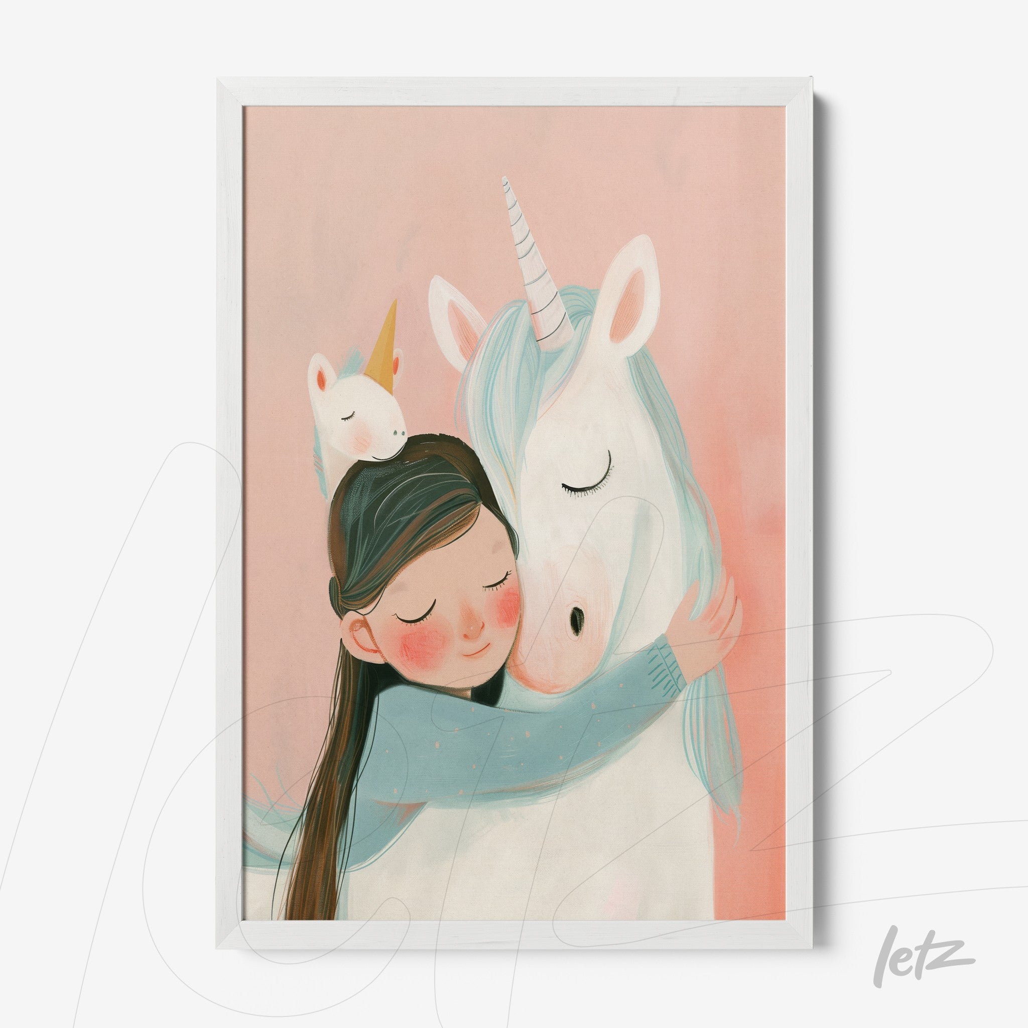 framed wall art featuring a child embracing a unicorn against a light pink background with a white frame