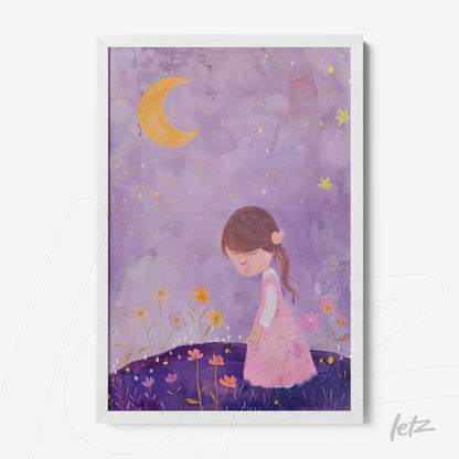 framed artwork depicting a girl in a pink dress surrounded by colorful flowers under a starry sky with a crescent moon