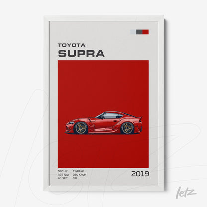 framed artwork featuring a stylized illustration of the 2019 Toyota Supra on a vibrant red background with a white frame