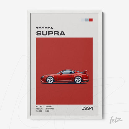 framed artwork featuring a stylized illustration of the 1994 Toyota Supra in a white frame