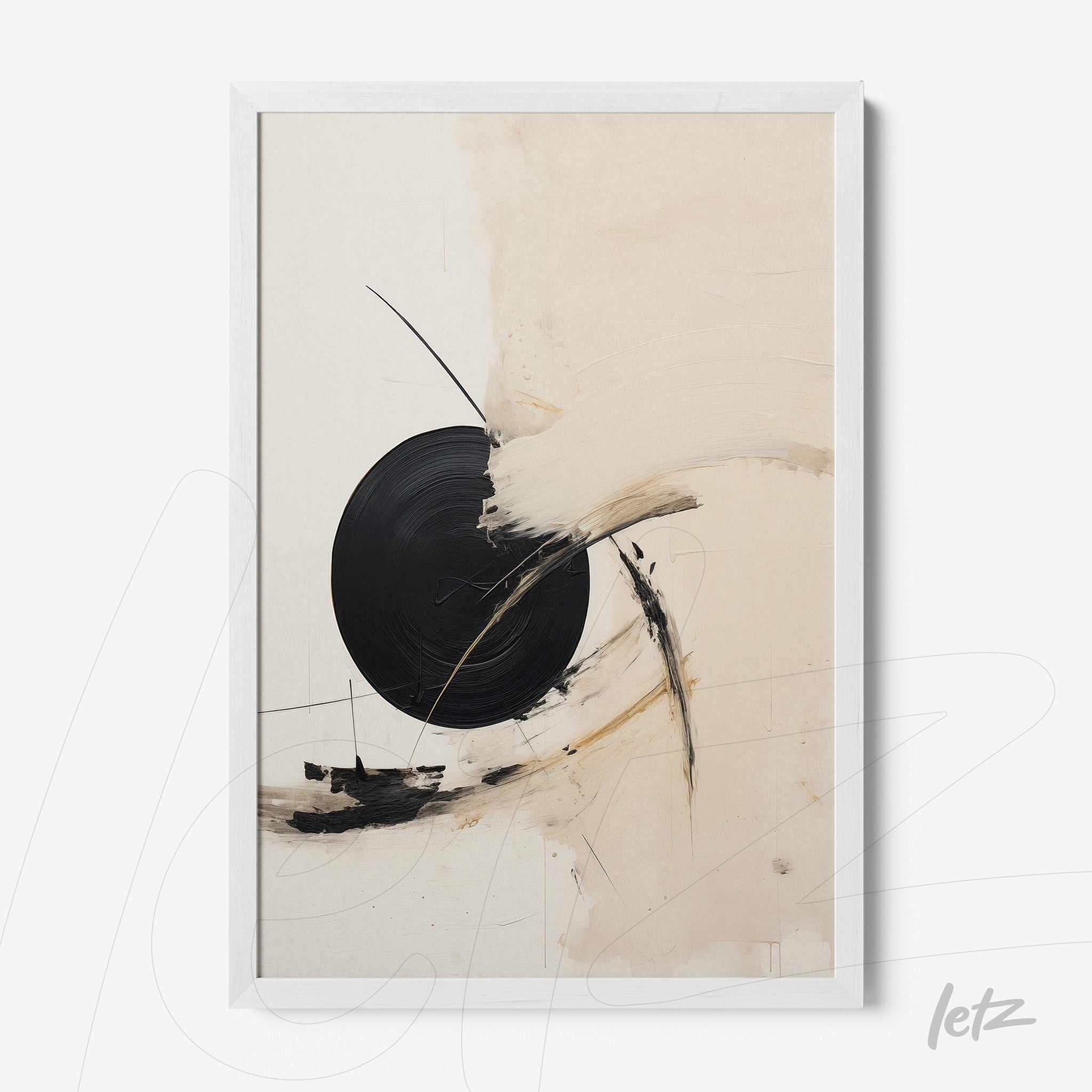 abstract framed wall art featuring a large black circle with neutral tone brush strokes
