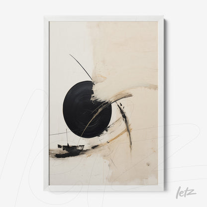 abstract framed wall art featuring a large black circle with neutral tone brush strokes