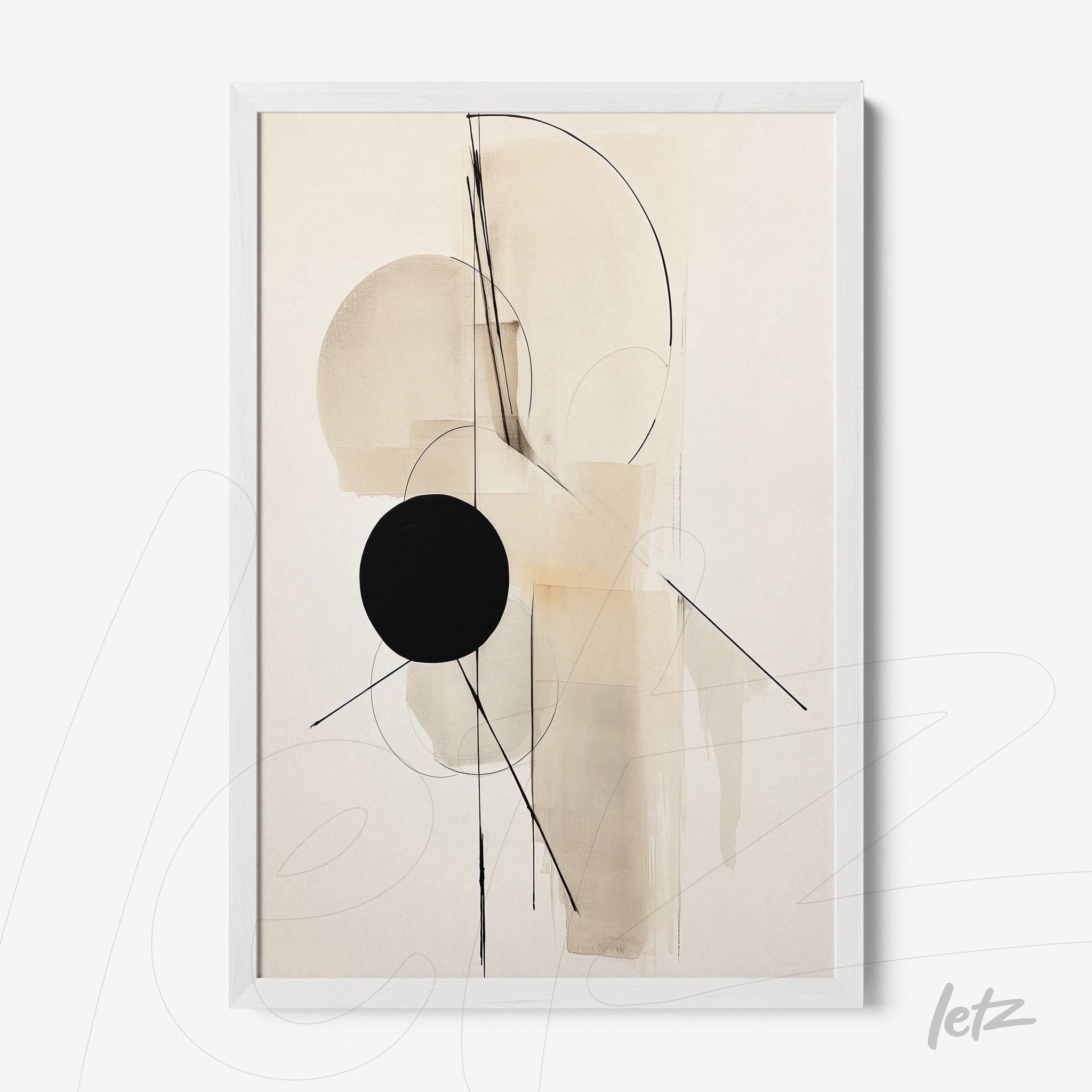 abstract wall art in neutral tones featuring circular shapes and black lines in a white frame