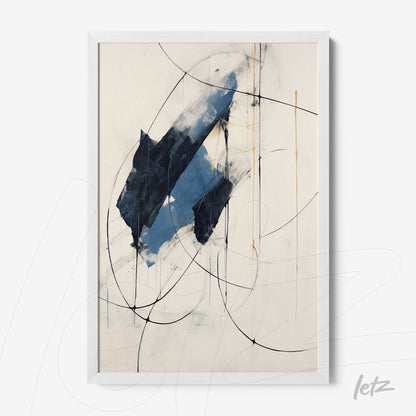 abstract wall art featuring blue and black shapes in a white frame