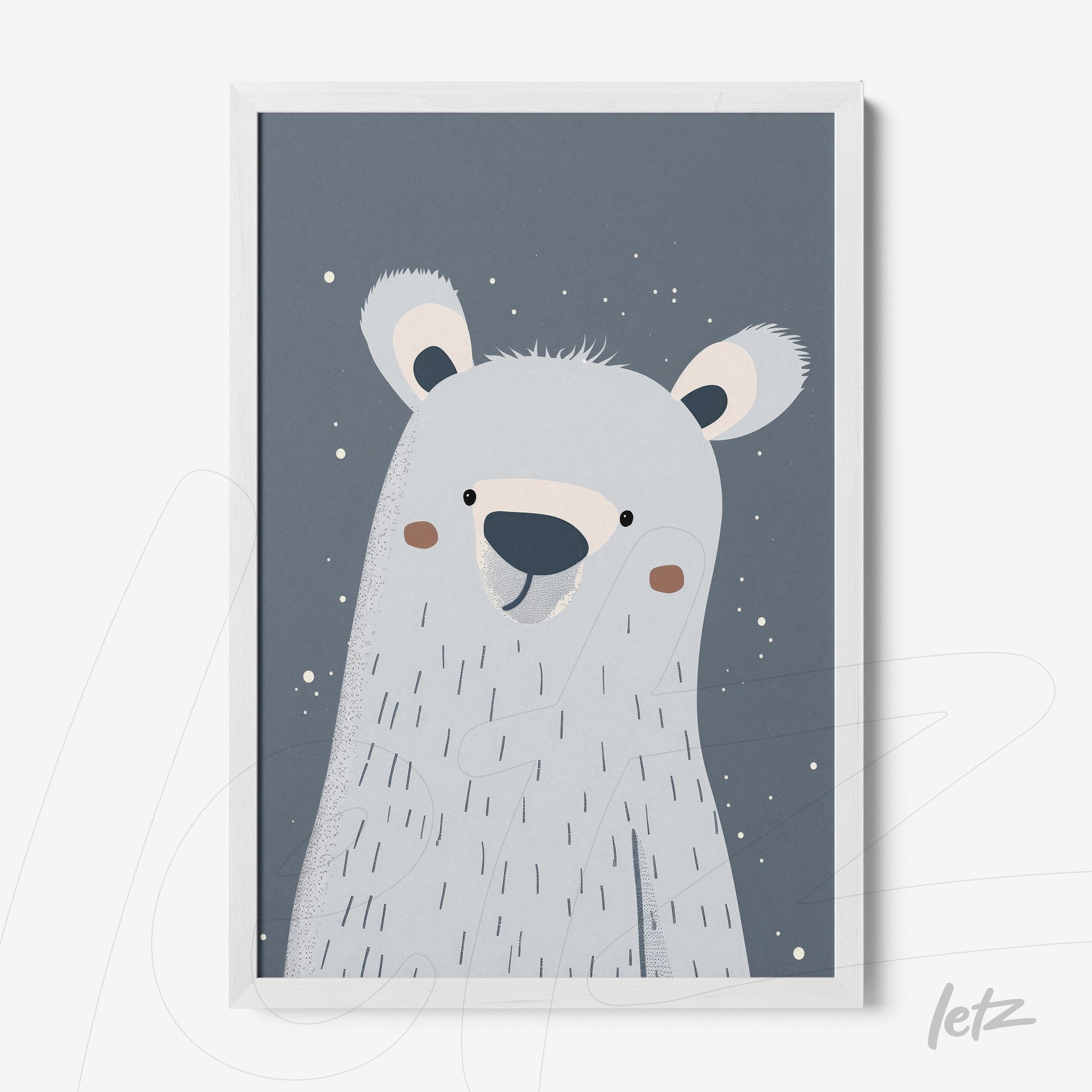 stylized illustration of a polar bear with a gray background and white frame