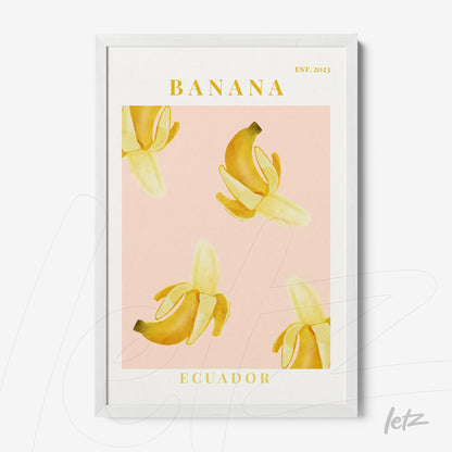 framed wall art featuring yellow bananas on a pink background with white frame