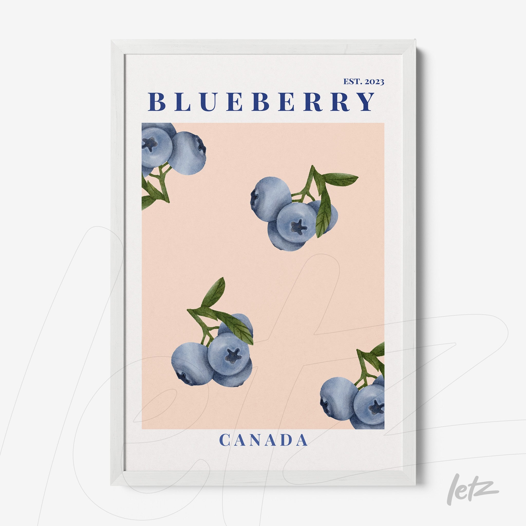 framed artwork featuring blueberries on a pink background with white frame