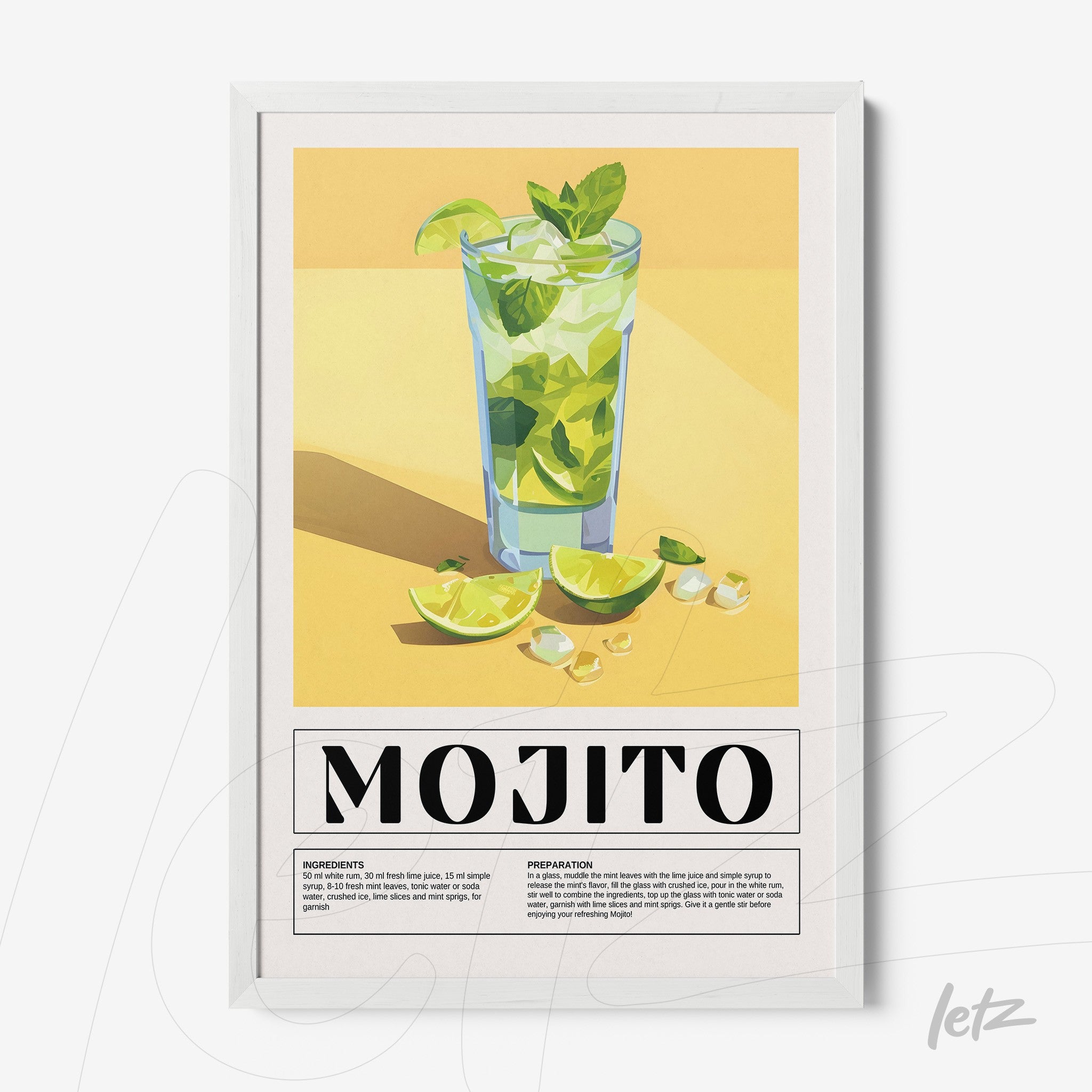 framed artwork featuring mojito cocktail with vibrant yellow background