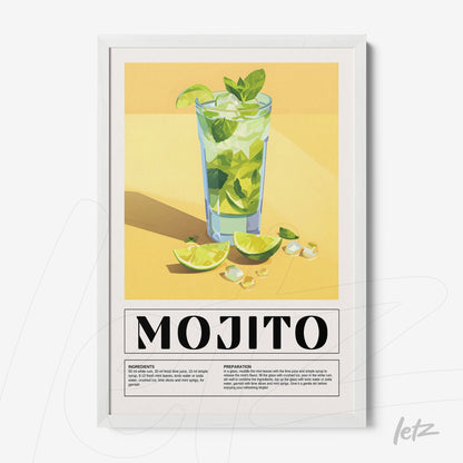 framed artwork featuring mojito cocktail with vibrant yellow background