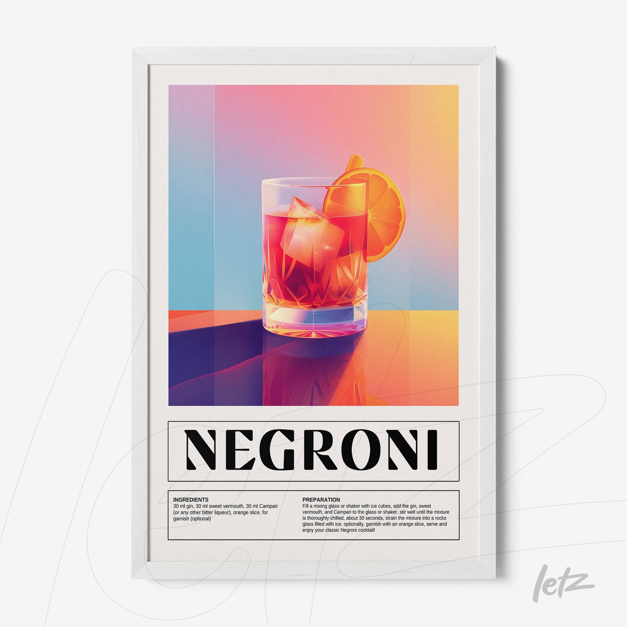 vibrant digital art of negroni cocktail in white frame