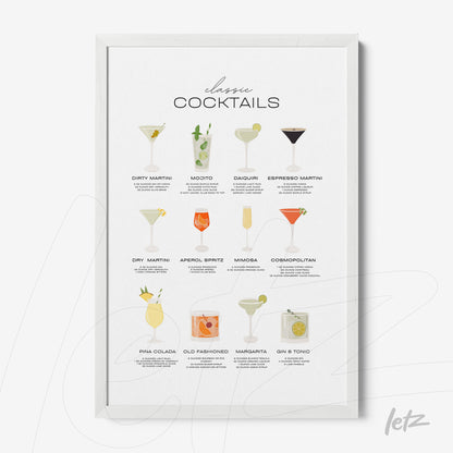 framed artwork featuring illustrations of classic cocktails with white frame