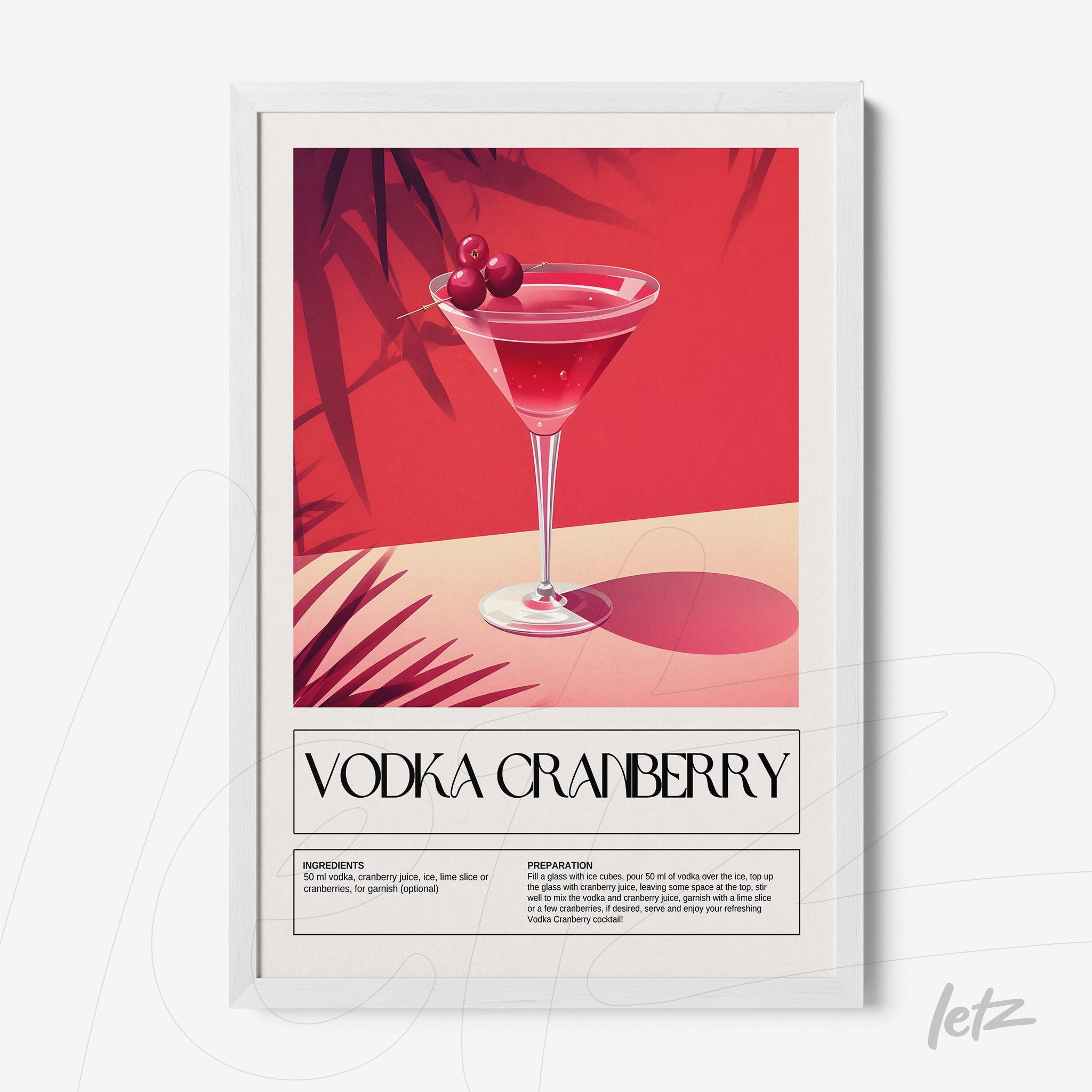 framed art of vodka cranberry cocktail with vibrant red background and tropical details