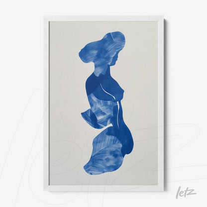 framed abstract artwork in blue depicting the silhouette of a woman in white frame