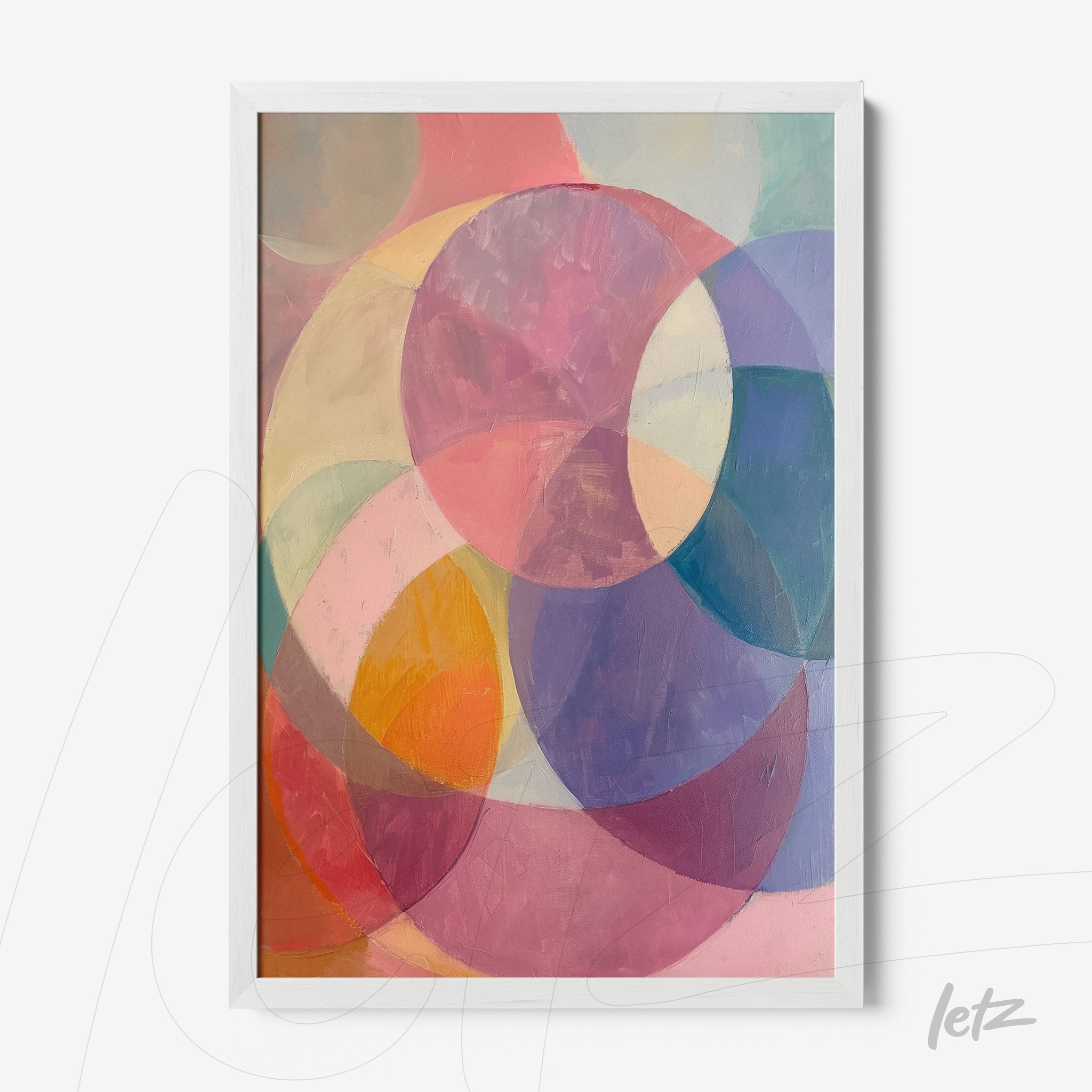 framed wall art featuring abstract circles on a pastel background with a thin white frame