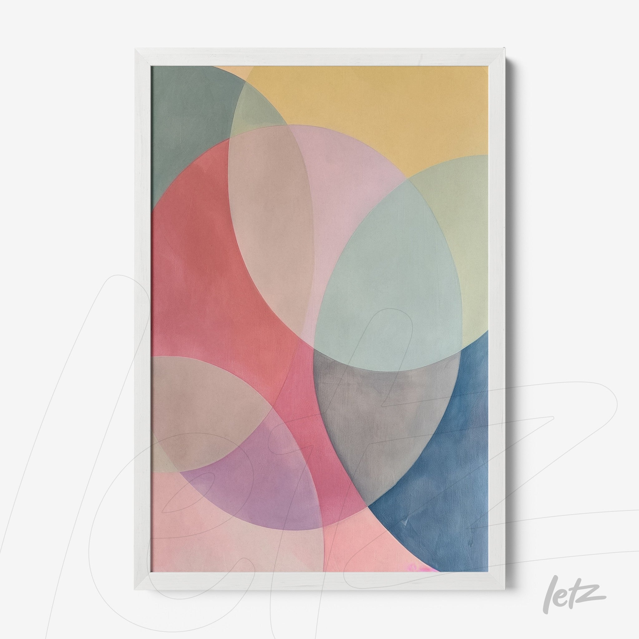 abstract wall art featuring soft circular shapes in shades of pink, blue, and yellow with a white frame