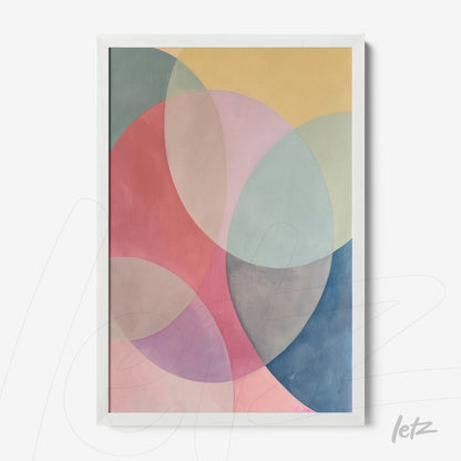 abstract wall art featuring soft circular shapes in shades of pink, blue, and yellow with a white frame
