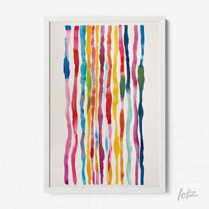 framed art piece featuring colorful abstract stripes in white frame
