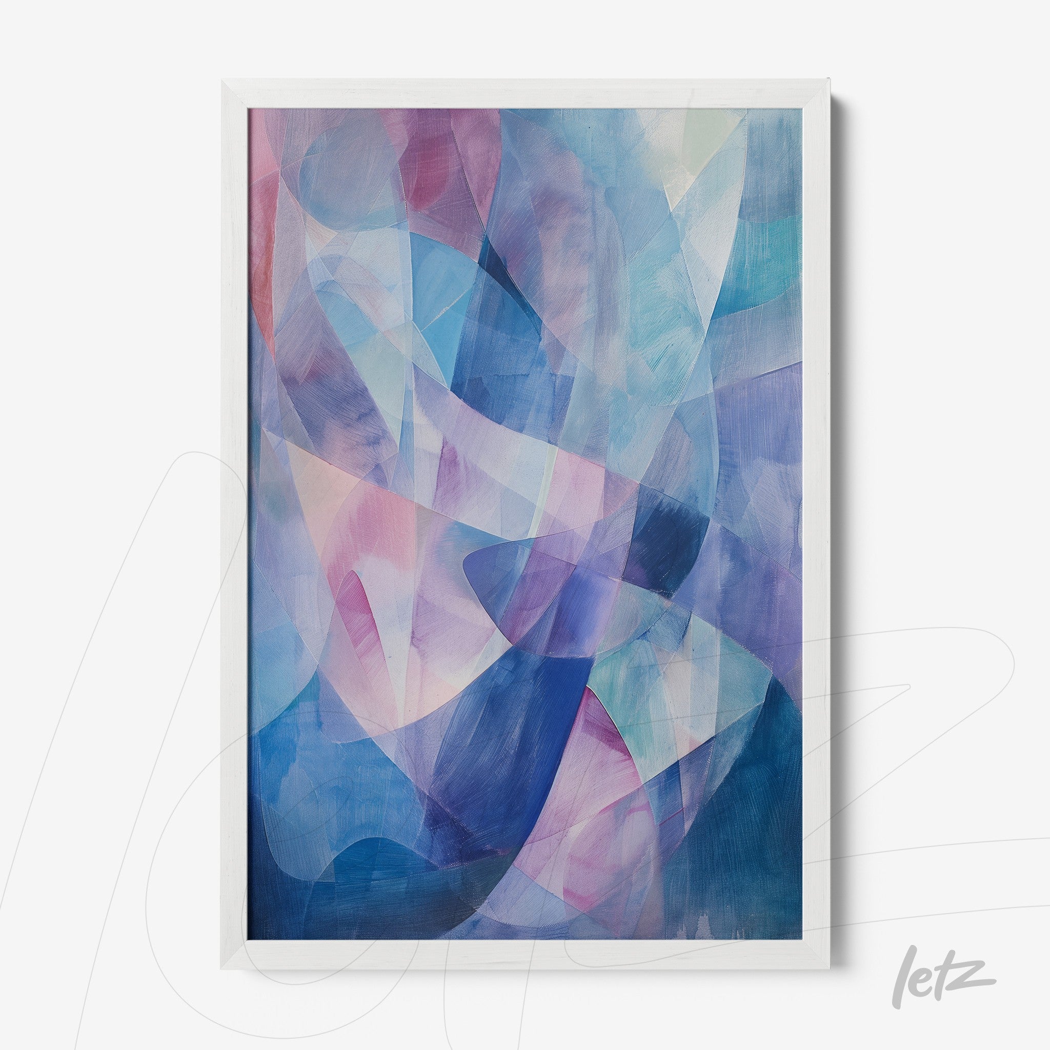 abstract wall art in shades of blue and pink with white frame
