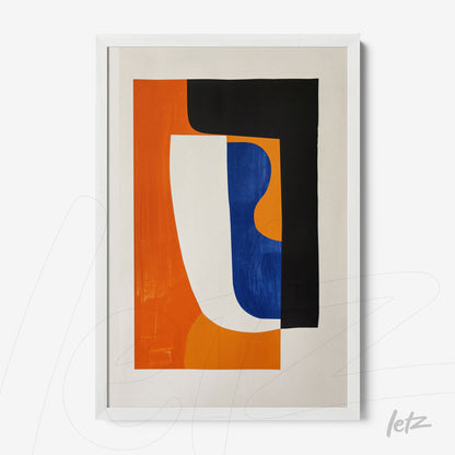abstract wall art featuring geometric shapes in blue, orange, and black with white frame