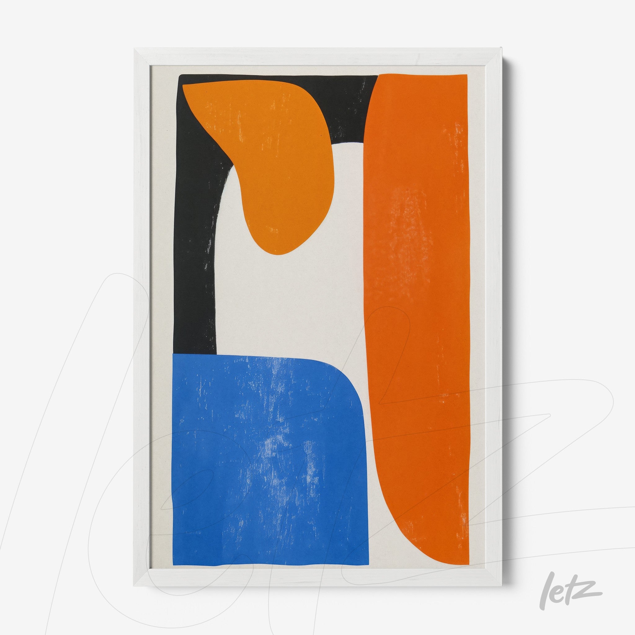 framed abstract art featuring vibrant colors like orange, blue, and black with a white frame