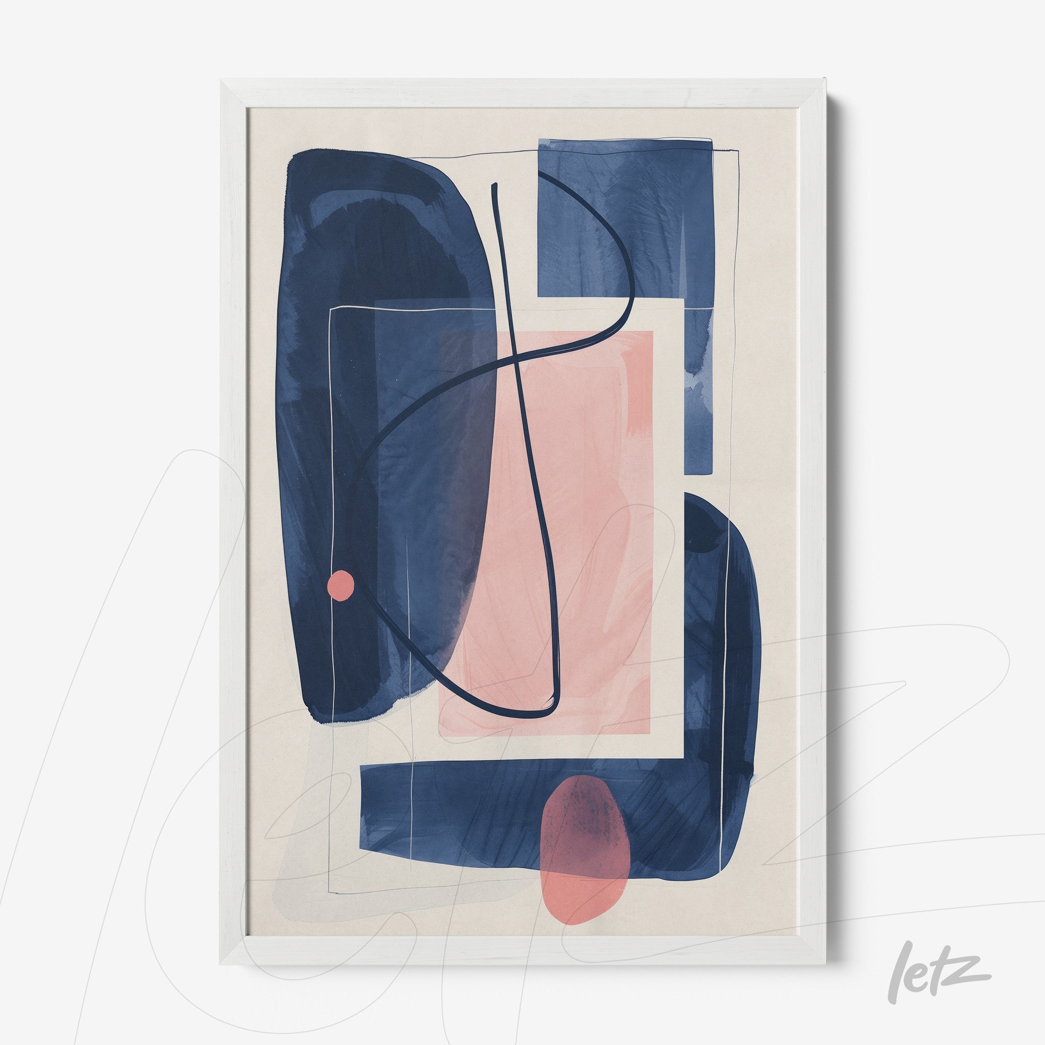 abstract wall art featuring shades of blue and pink in a white frame