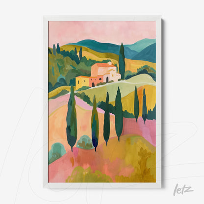 framed artwork featuring a vibrant countryside landscape with green hills and a pink house under a pastel sky