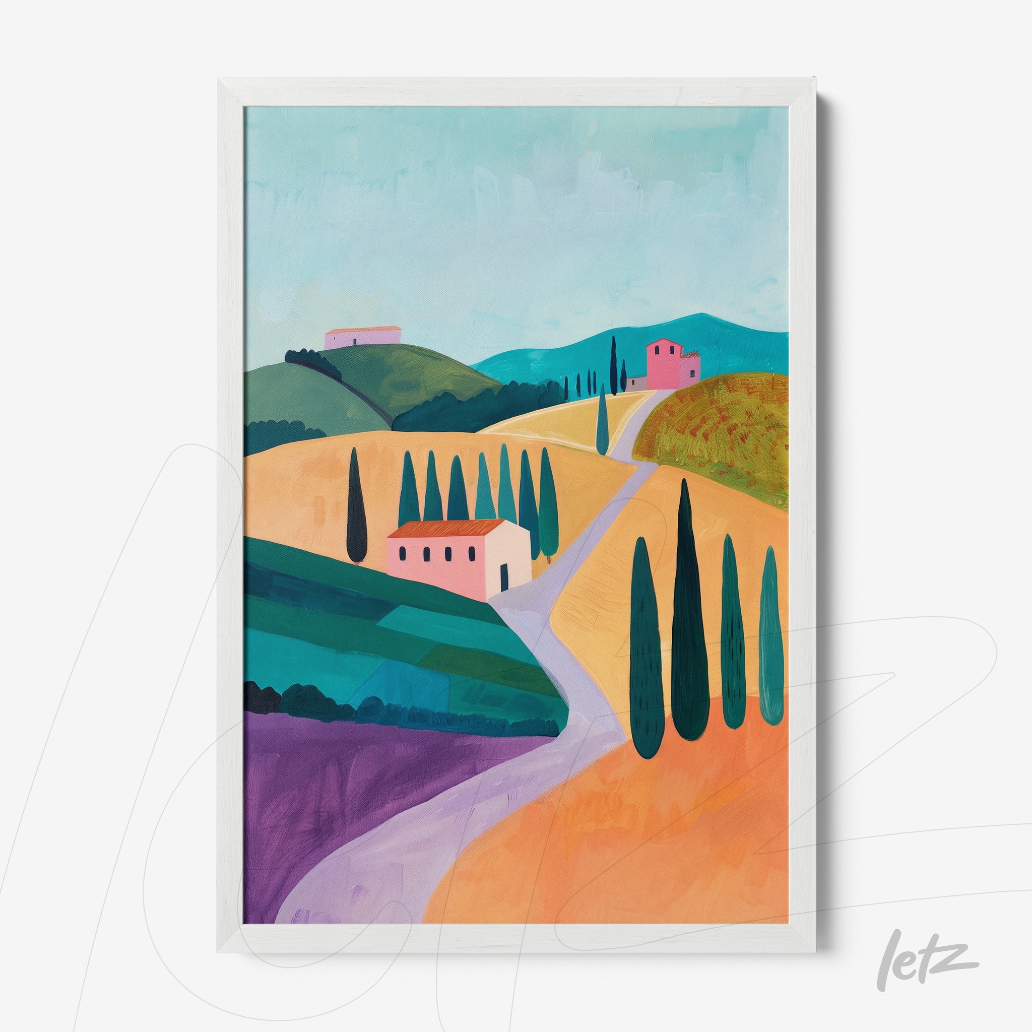 framed artwork depicting a stylized landscape of hills and vineyards with pink houses nestled among green cypress trees