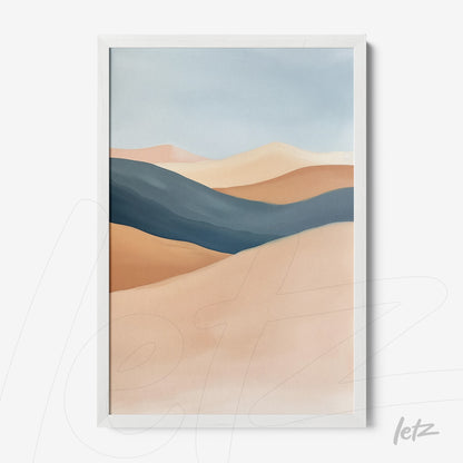 framed abstract landscape art in earthy tones with white frame