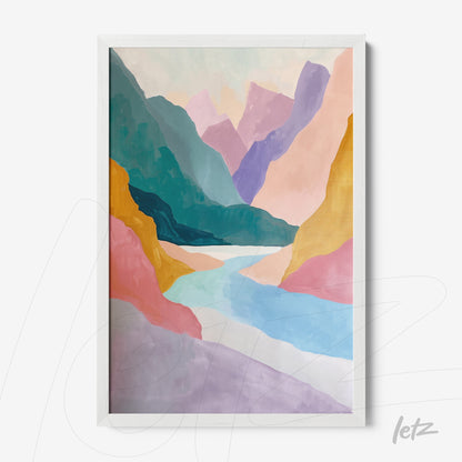 abstract landscape illustration in pastel colors with white frame